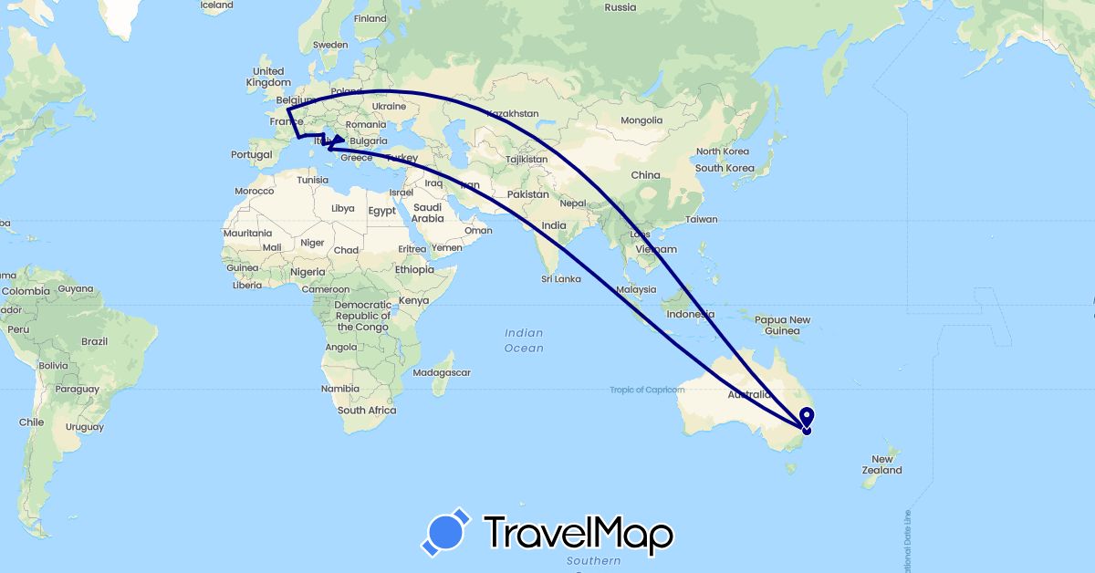 TravelMap itinerary: driving in Australia, France, Croatia, Italy, Monaco, San Marino (Europe, Oceania)