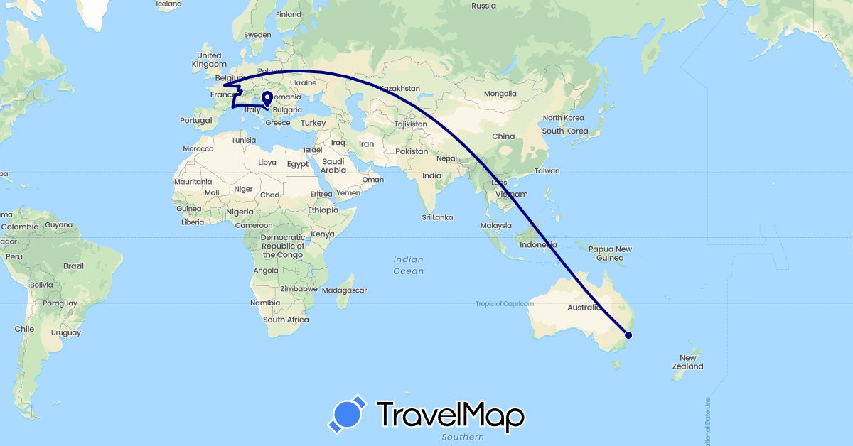 TravelMap itinerary: driving in Australia, Switzerland, France, Croatia, Monaco (Europe, Oceania)